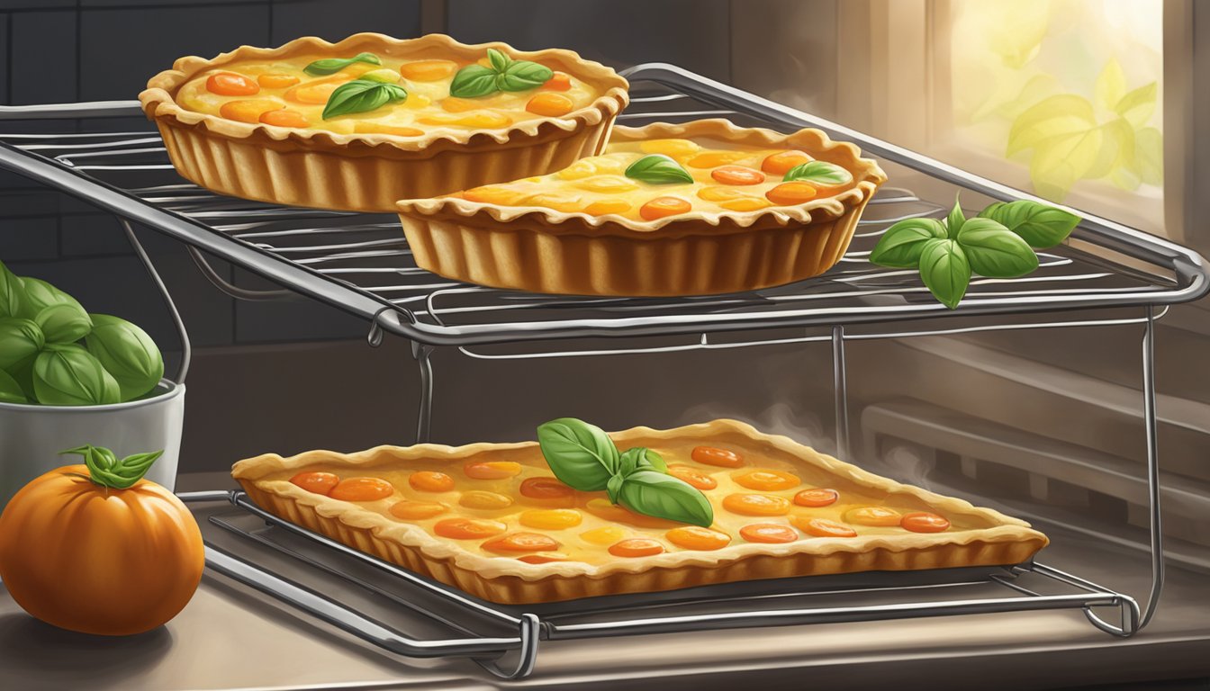 A golden brown tomato and basil tart sits on a wire rack, steam rising from its flaky crust. The toaster oven glows softly in the background