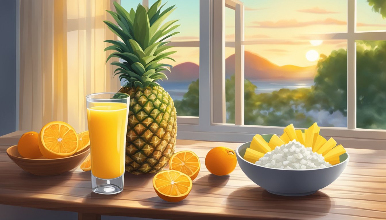 A bowl of cottage cheese with pineapple sits on a wooden table surrounded by fresh fruits and a glass of orange juice. Sunrise streams in through a window, casting a warm glow on the breakfast scene