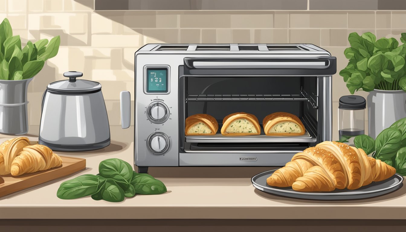 A toaster oven with golden-brown spinach and feta croissants on a wire rack, surrounded by fresh ingredients like spinach leaves and crumbled feta cheese