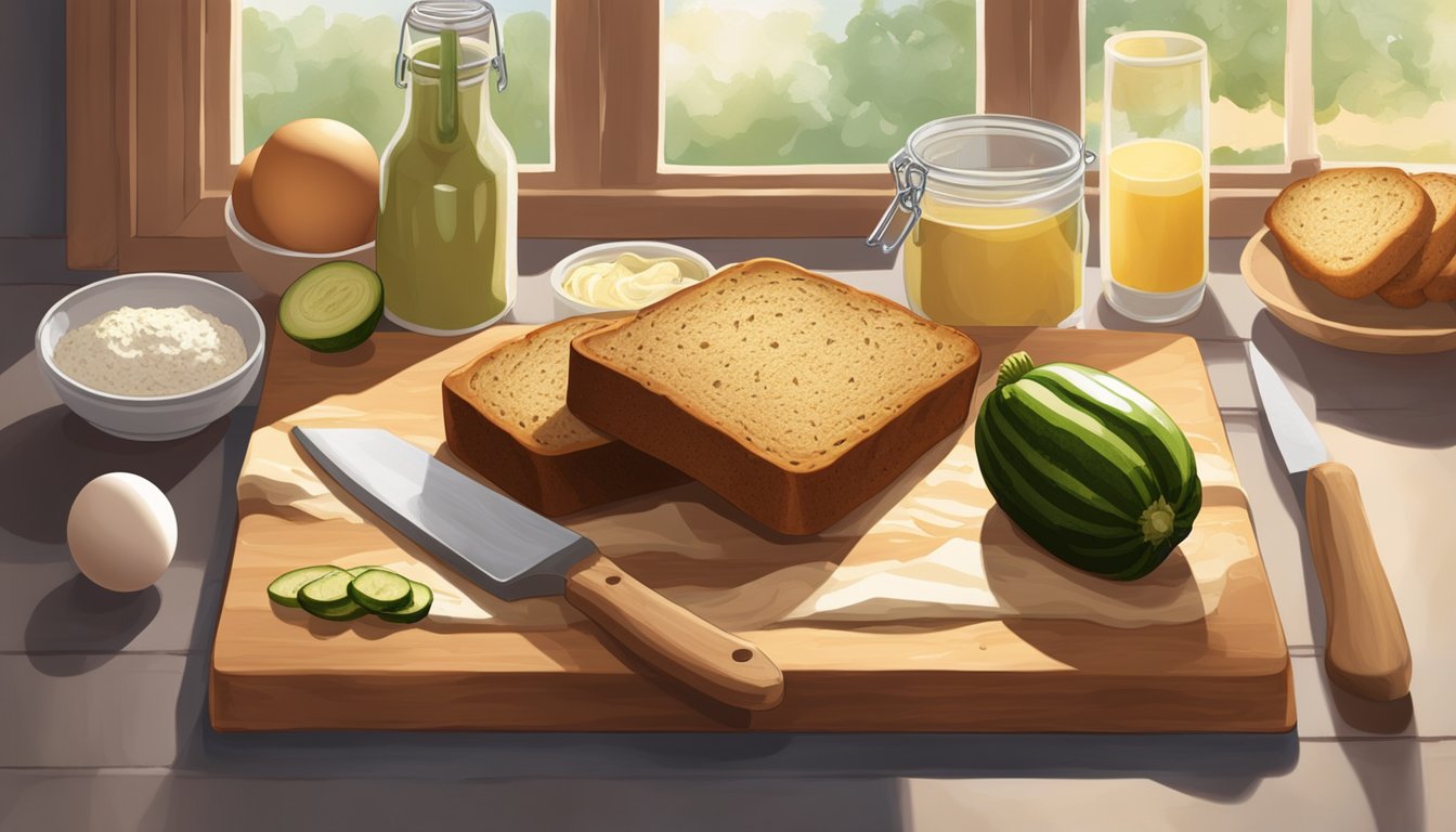 A wooden cutting board with freshly baked zucchini bread surrounded by ingredients like zucchinis, eggs, and flour. Sunlight streams in from a nearby window, casting a warm glow on the scene