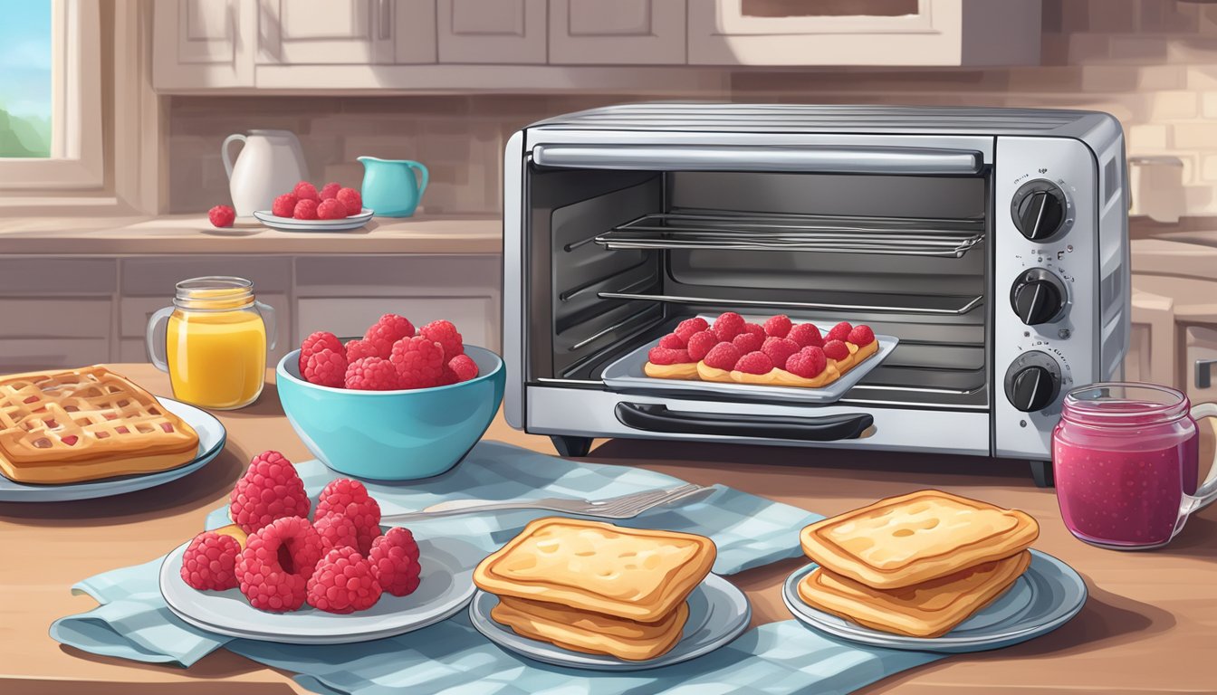 A toaster oven with a tray of freshly baked raspberry jam pop tarts surrounded by other breakfast items