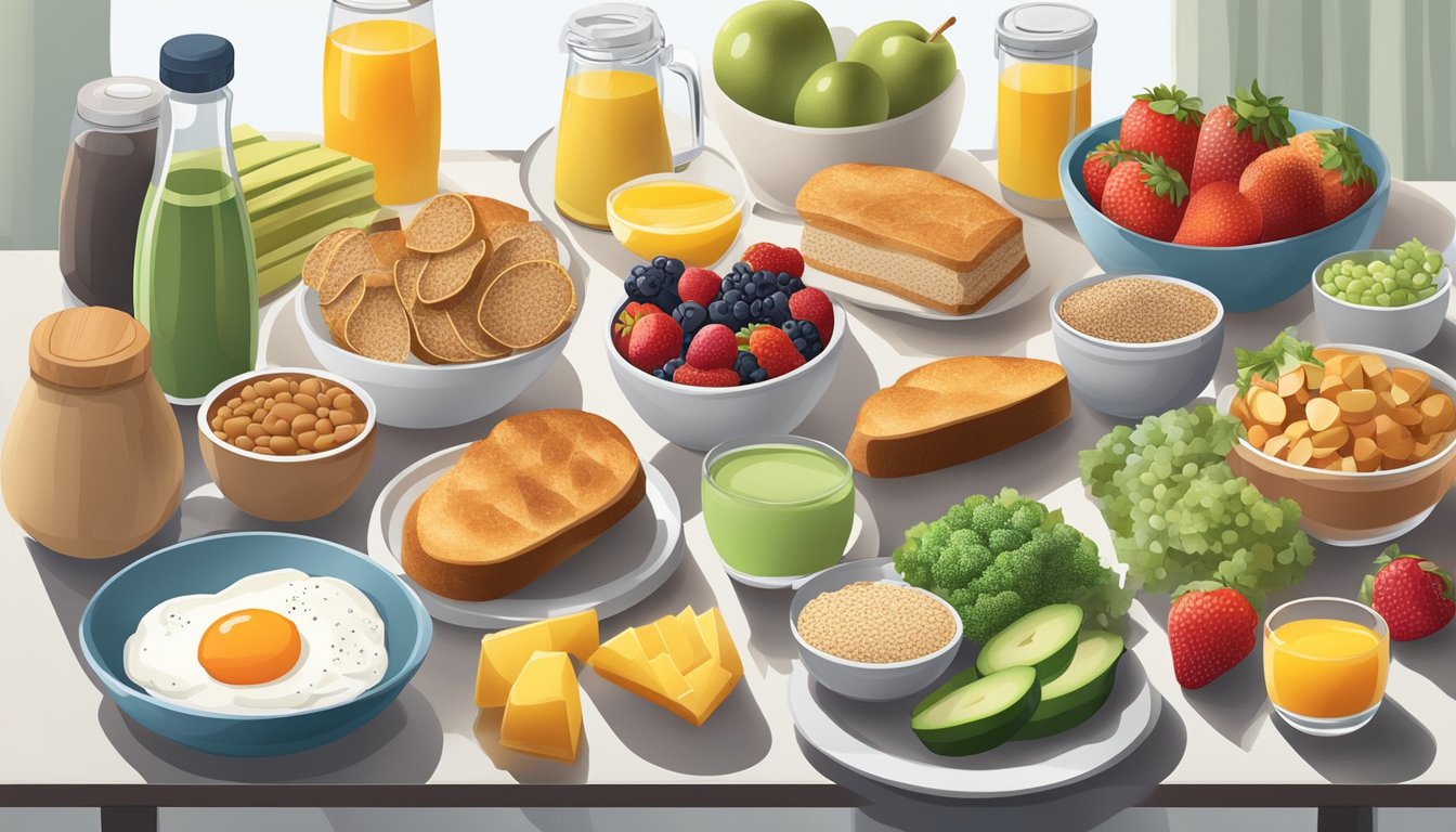 A breakfast spread with a variety of low sodium foods such as fruits, vegetables, whole grains, and lean proteins