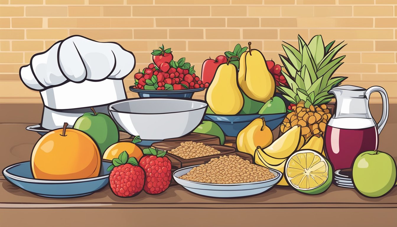 A colorful array of fresh fruits, whole grains, and lean proteins arranged on a breakfast table. A chef's hat and apron are neatly hung on a nearby hook