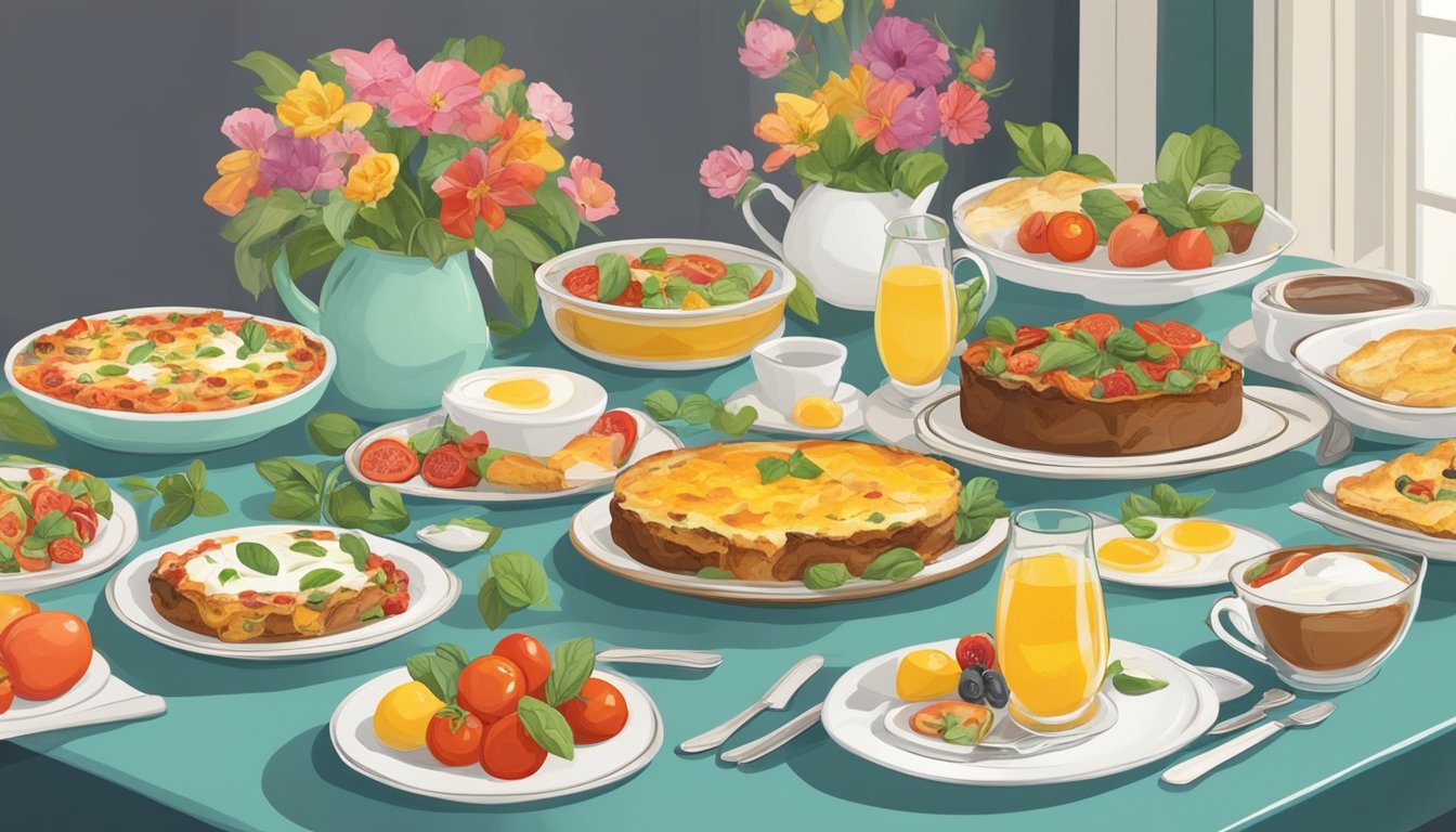 A table set with a colorful Caprese breakfast casserole surrounded by 15 other brunch dishes, with flowers and decorative plates for Mother's Day