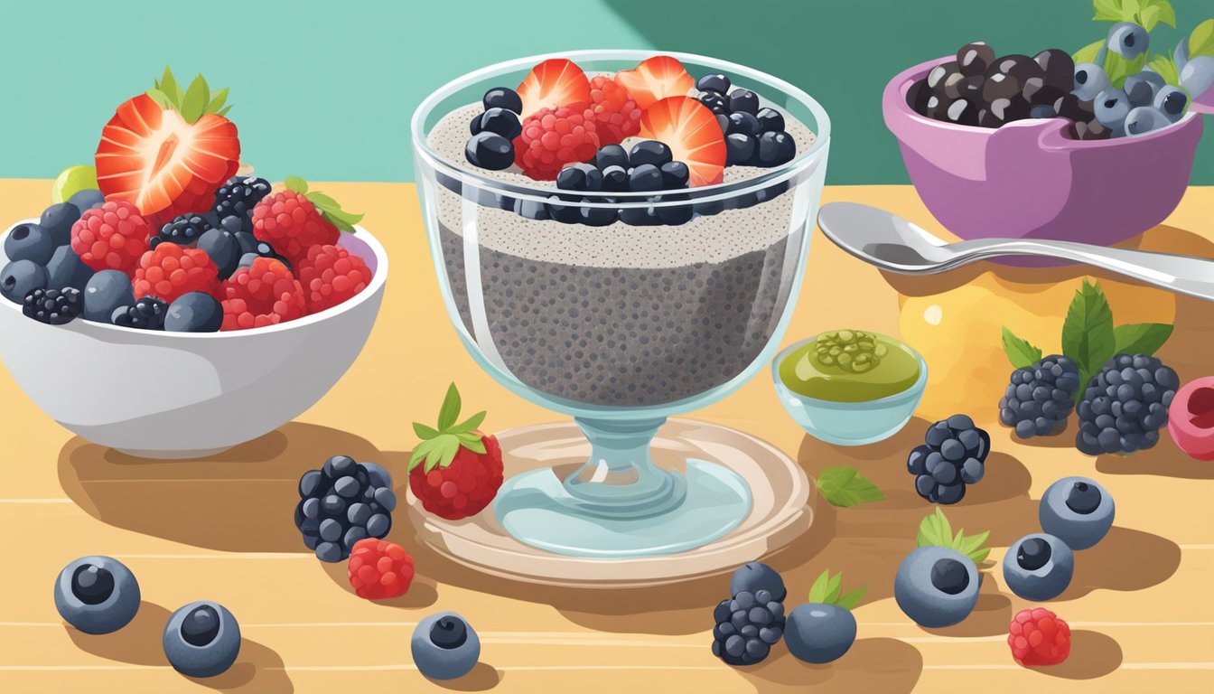 A glass bowl filled with chia seed pudding topped with fresh berries, surrounded by other colorful breakfast dishes on a table