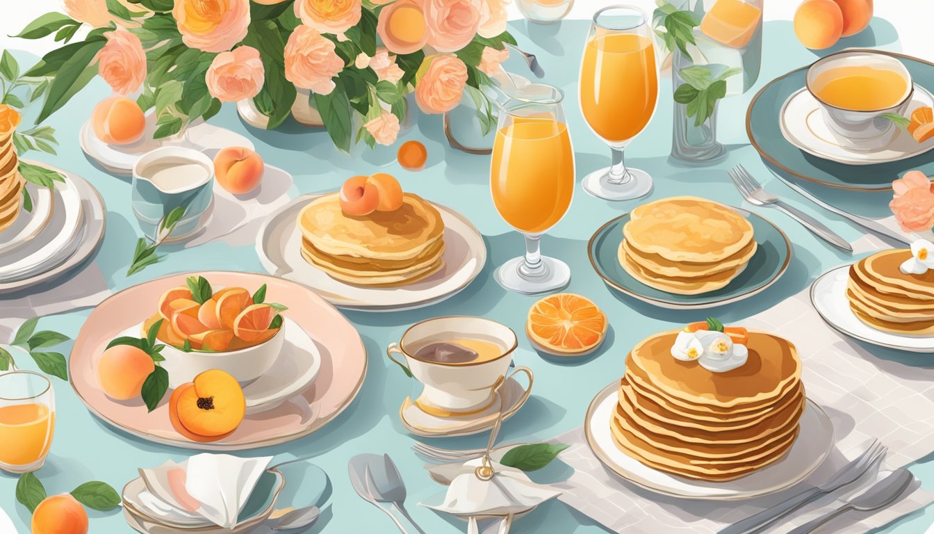 A table set with Peach Bellini Pancakes and other brunch dishes, surrounded by flowers and elegant tableware