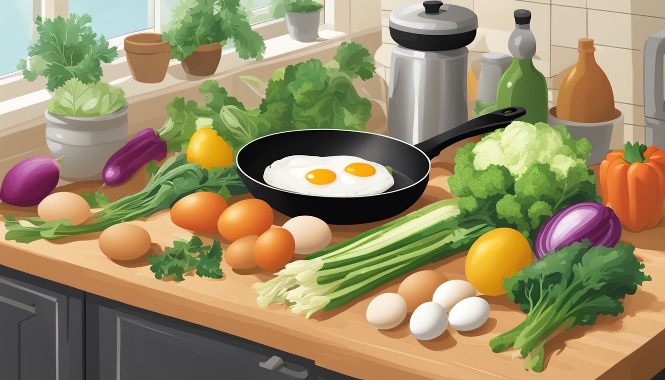 A colorful array of fresh vegetables, eggs, and a skillet on a kitchen counter