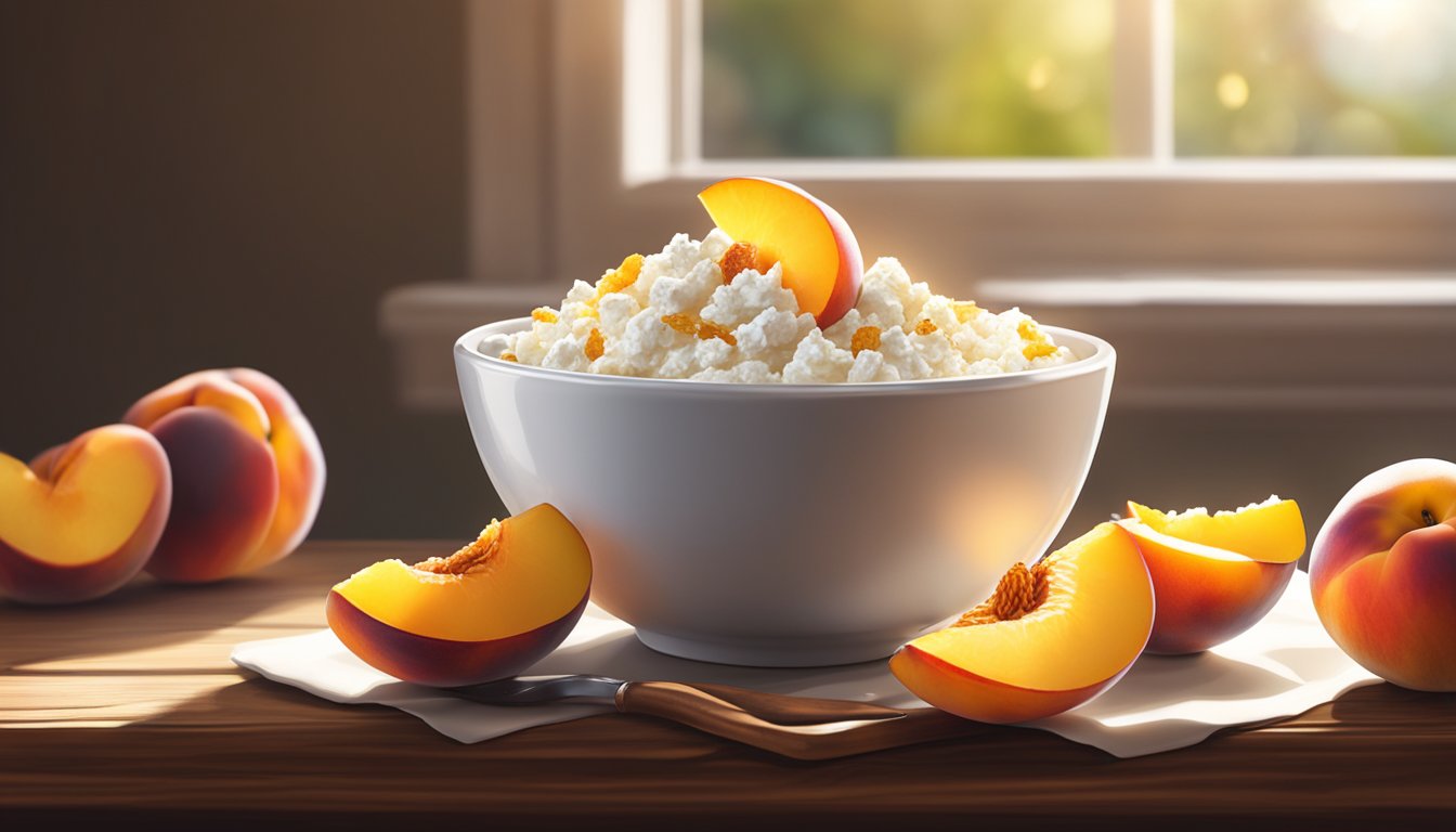 A bowl of cottage cheese topped with sliced peaches and a sprinkle of cinnamon on a wooden breakfast table. Sunlight streams through a nearby window, casting a warm glow on the dish