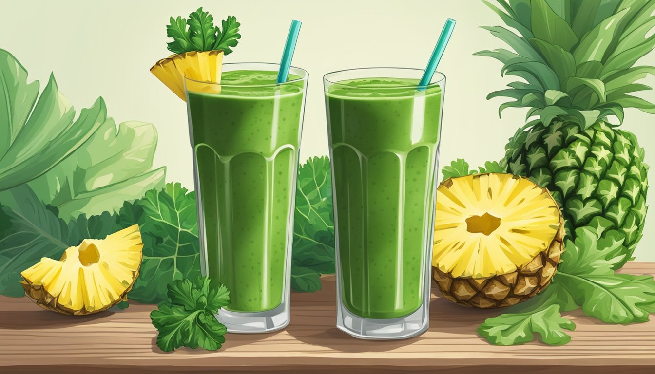 A glass of green smoothie surrounded by fresh kale leaves and pineapple chunks on a wooden breakfast table