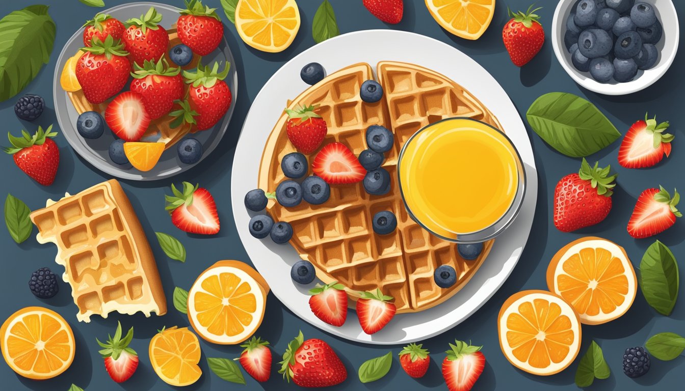 A plate of whole grain waffles topped with fresh strawberries, surrounded by a variety of colorful fruits and a glass of orange juice