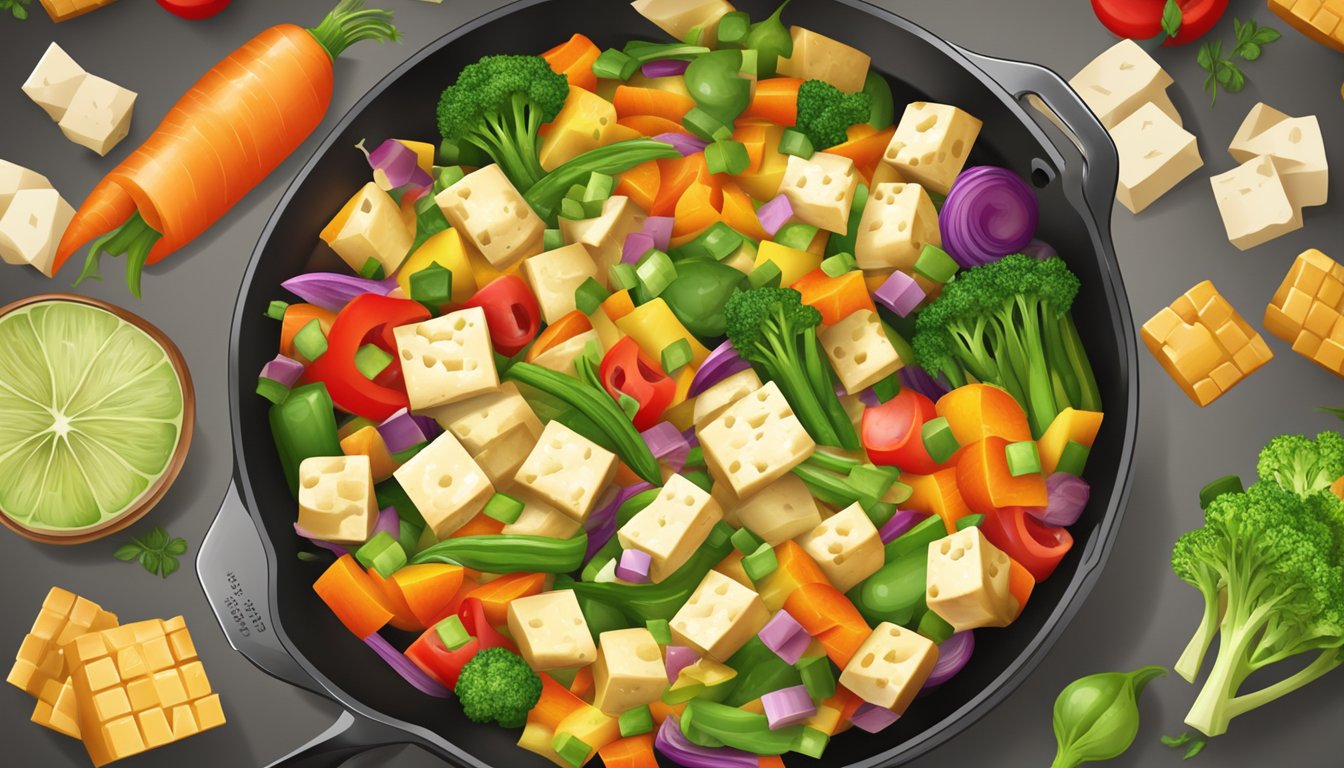 A colorful array of diced vegetables and tofu sizzling in a skillet, emitting a mouth-watering aroma