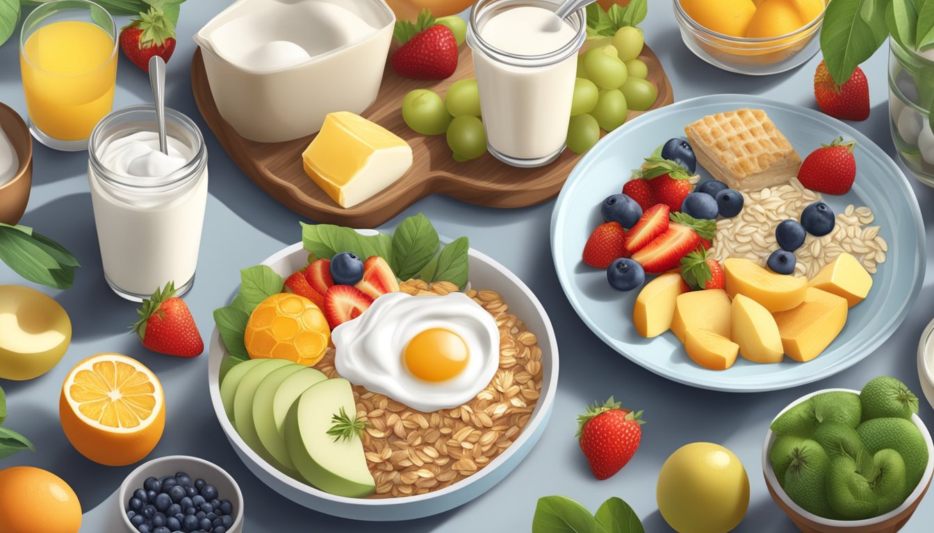 A table with a variety of low-sugar breakfast foods such as fruits, yogurt, oatmeal, and eggs, surrounded by natural light and greenery