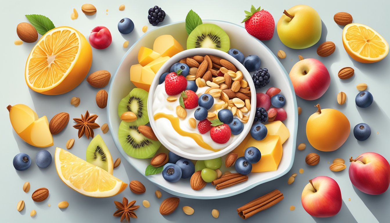 A colorful array of fruits, nuts, and whole grains arranged around a bowl of yogurt, with a drizzle of honey and a sprinkle of cinnamon