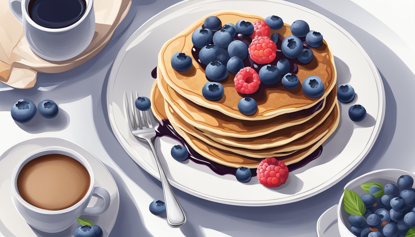 A stack of blueberry pancakes topped with syrup and fresh berries on a white plate, surrounded by a mug of coffee and a fork