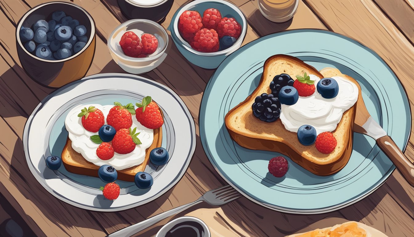 A plate of sourdough toast topped with ricotta and berries on a rustic wooden table, surrounded by other breakfast items