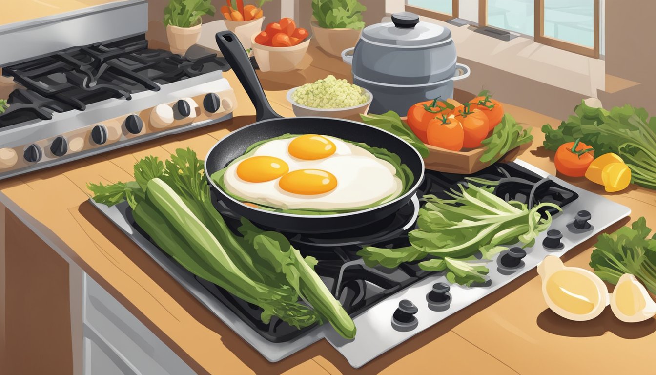 A colorful array of fresh vegetables and eggs arranged on a kitchen counter, with a skillet sizzling on the stove