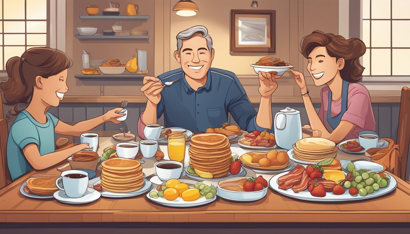 A table set with a variety of breakfast dishes including pancakes, bacon, eggs, fruit, and coffee. A father sits at the head of the table, smiling as he enjoys his special meal