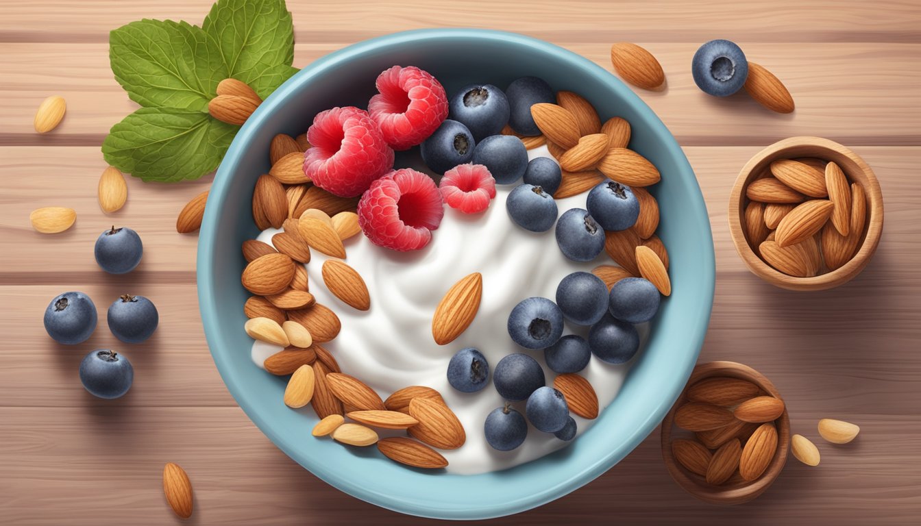 A bowl of Greek yogurt topped with sliced almonds sits on a wooden table, surrounded by fresh berries and a sprinkle of granola