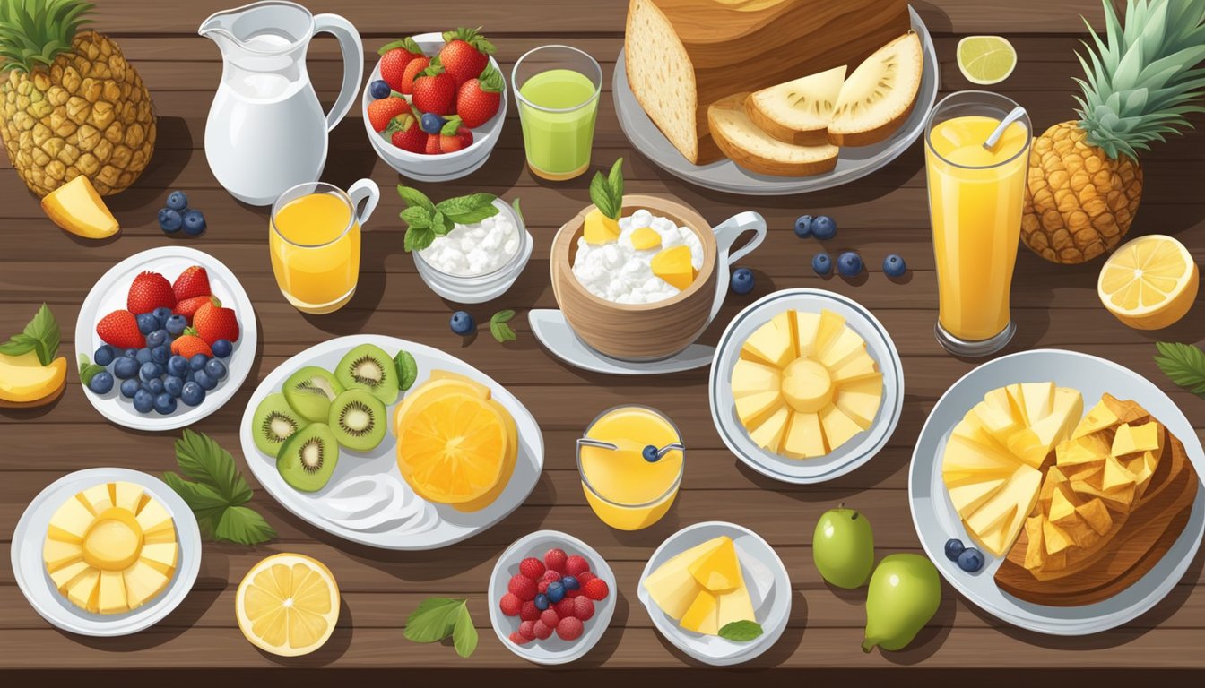 A rustic wooden table set with 15 different breakfast dishes, each featuring cottage cheese and pineapple, surrounded by fresh fruits and a pitcher of juice