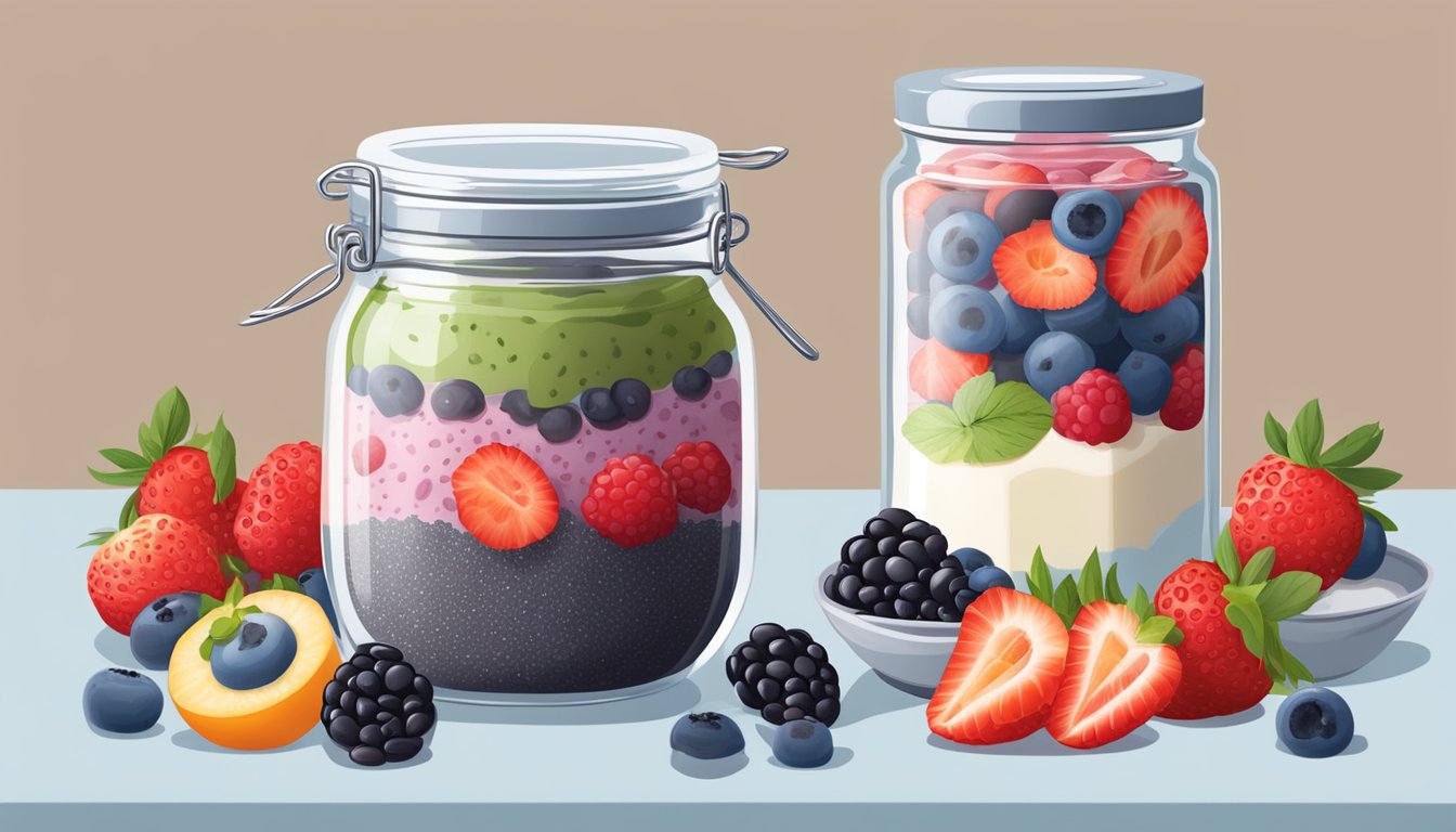 A glass jar filled with chia seed pudding topped with fresh mixed berries, surrounded by other breakfast items