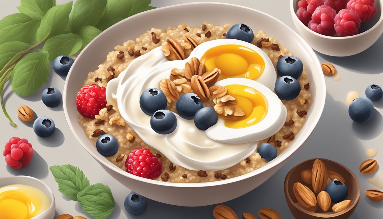 A bowl of quinoa porridge topped with walnuts, surrounded by ingredients like eggs, Greek yogurt, and berries