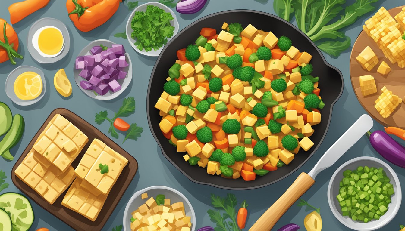 A colorful array of diced vegetables sizzling in a skillet alongside cubes of tofu, creating a vibrant and nutritious tofu scramble