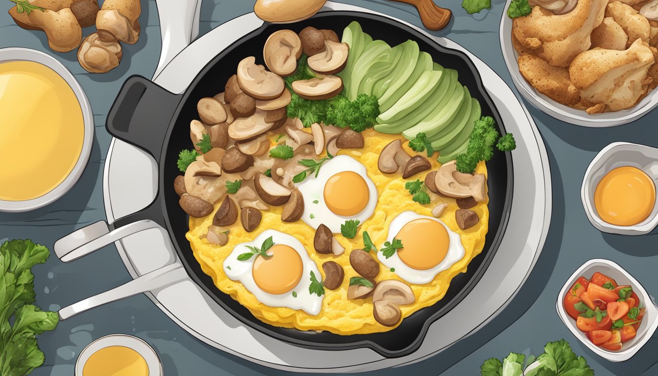 A sizzling omelette in a skillet, filled with chunks of chicken and mushrooms, surrounded by a variety of high-protein breakfast ingredients