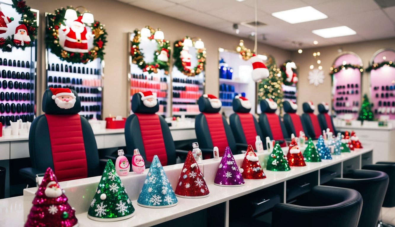 A festive nail salon with colorful Christmas-themed nail art designs on display. Glitter, snowflakes, and tiny Santas adorn the manicure station