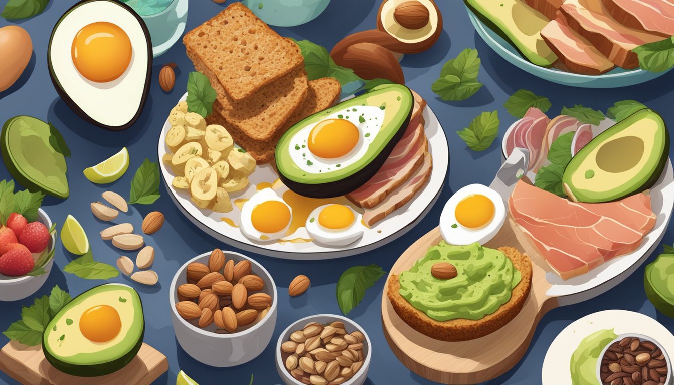 A colorful breakfast spread with avocado halves filled with baked eggs, surrounded by various high-protein ingredients like nuts, seeds, and lean meats