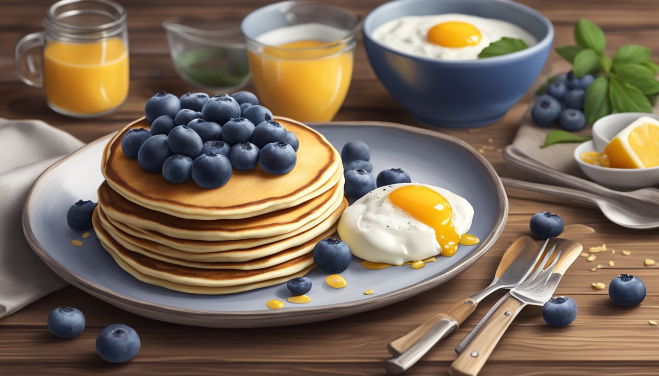 A stack of ricotta pancakes topped with fresh blueberries on a rustic wooden table, surrounded by ingredients like eggs, ricotta cheese, and blueberries