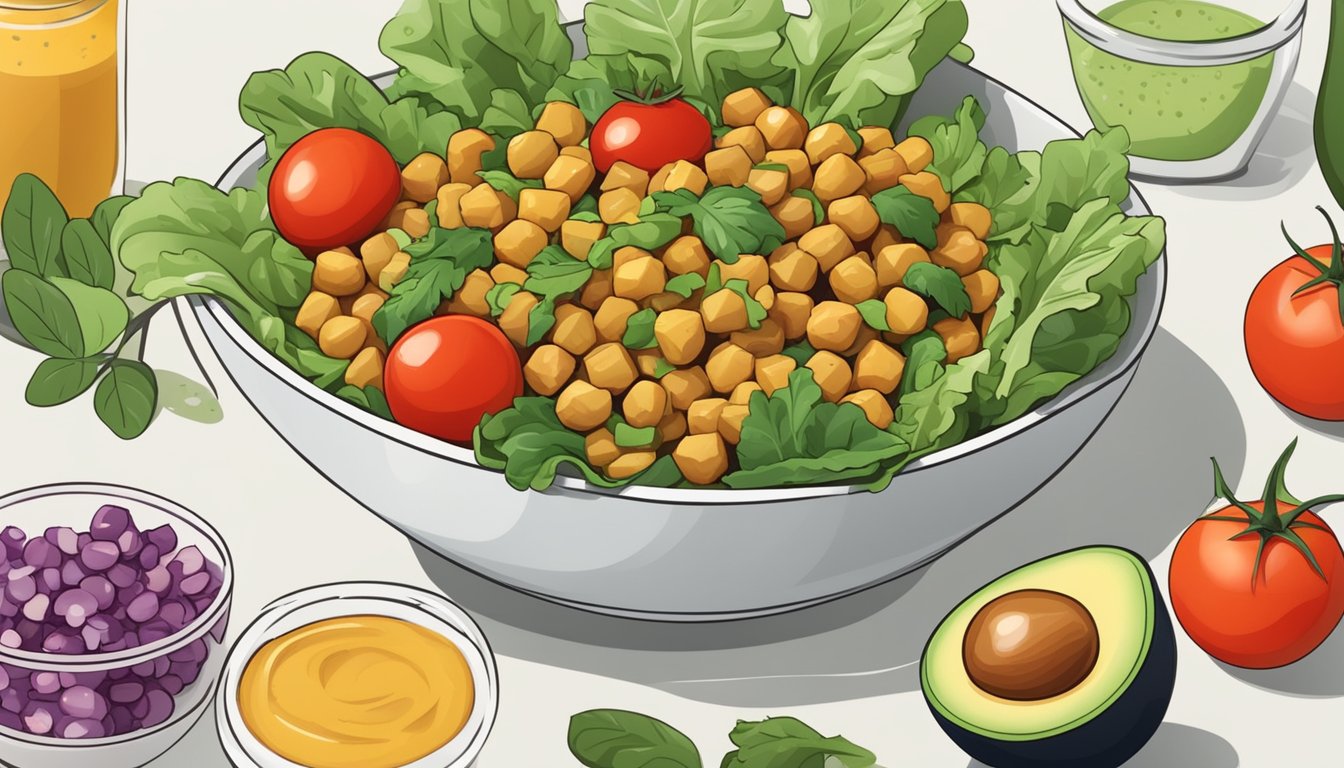 A bowl of roasted chickpea and avocado salad surrounded by ingredients like tomatoes, lettuce, and herbs, with a fork on the side