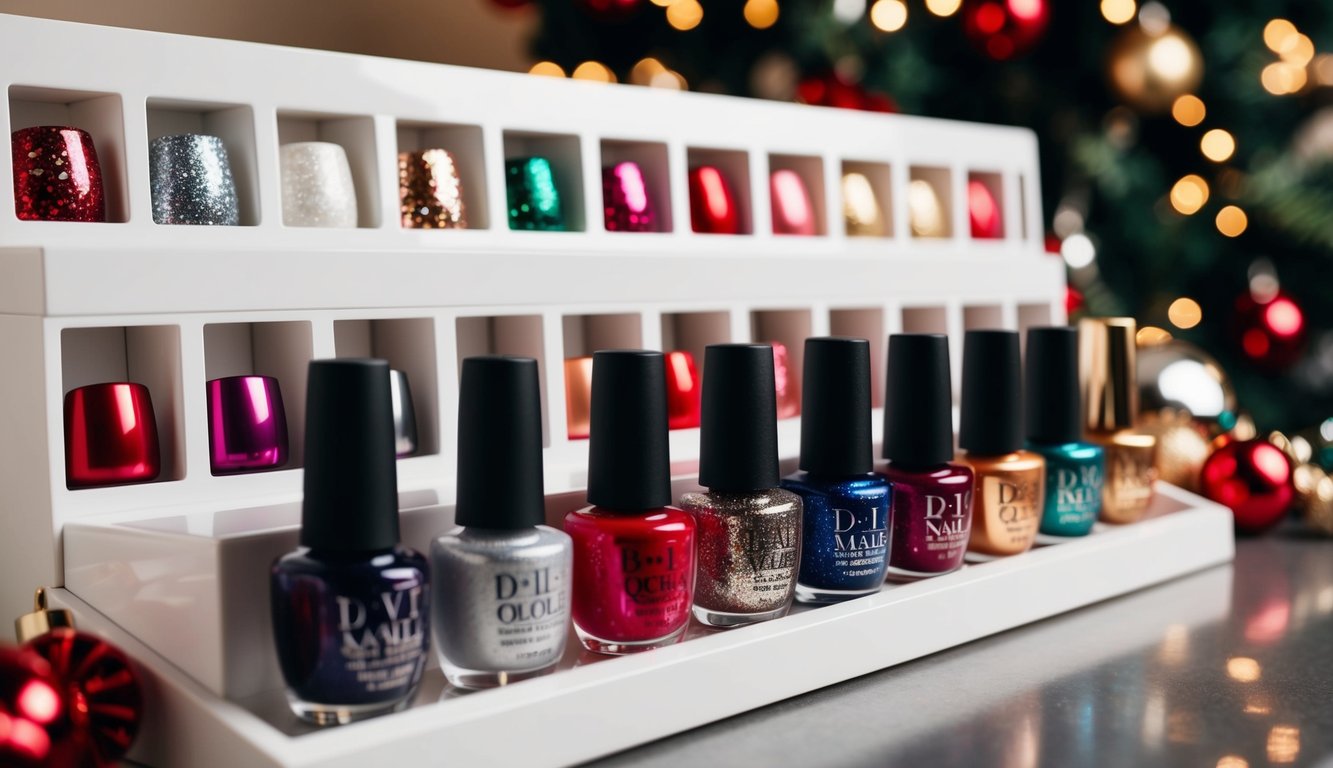 A festive nail polish display with glitter, metallic, and traditional holiday colors