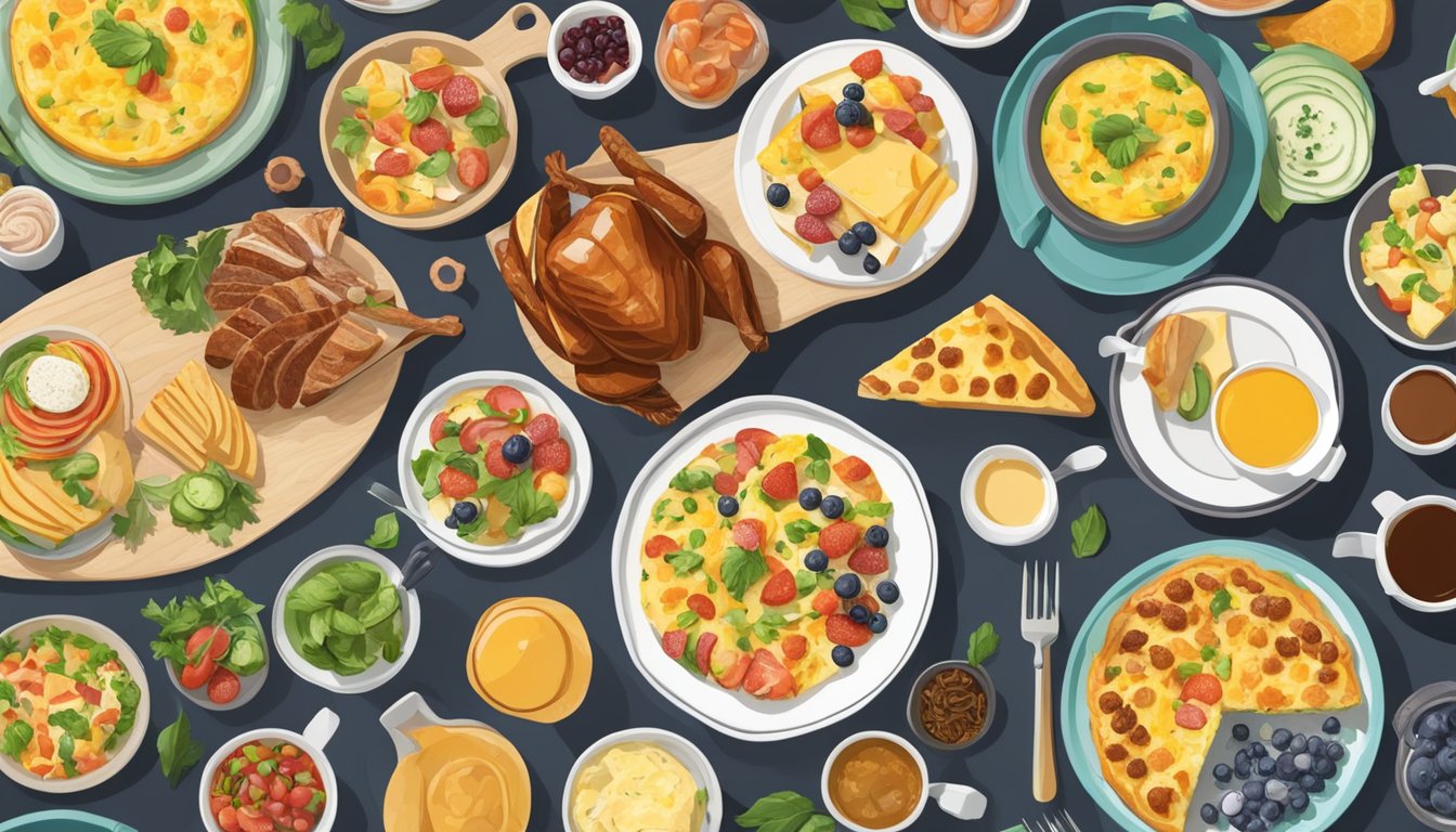 A colorful breakfast spread with a smoked turkey and cheese frittata as the centerpiece, surrounded by other high-protein dishes