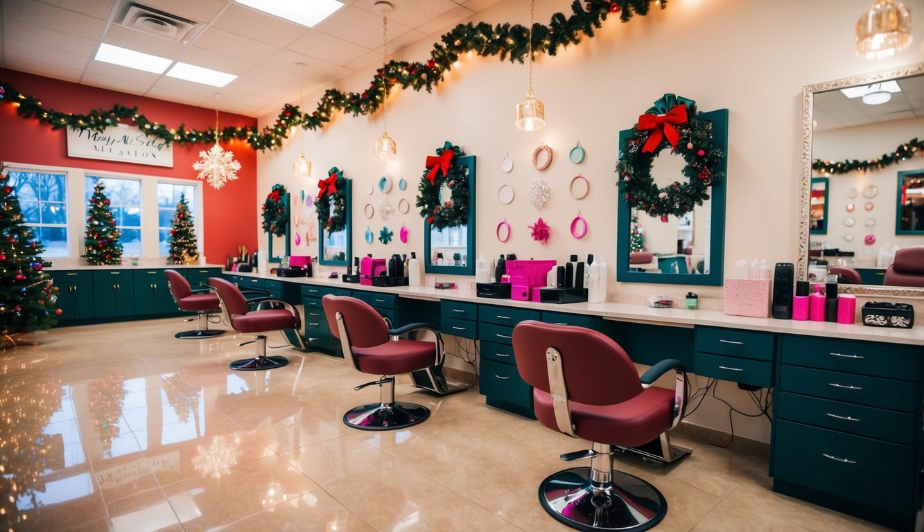 A festive nail salon with colorful decorations, twinkling lights, and a cozy atmosphere