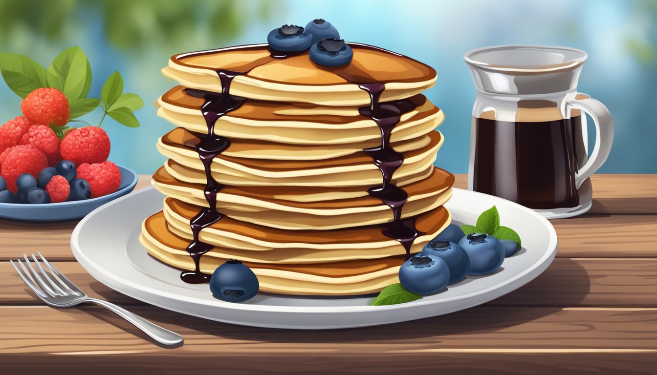 A stack of blueberry pancakes topped with syrup and fresh berries on a rustic wooden table, surrounded by a mug of coffee and a vase of flowers