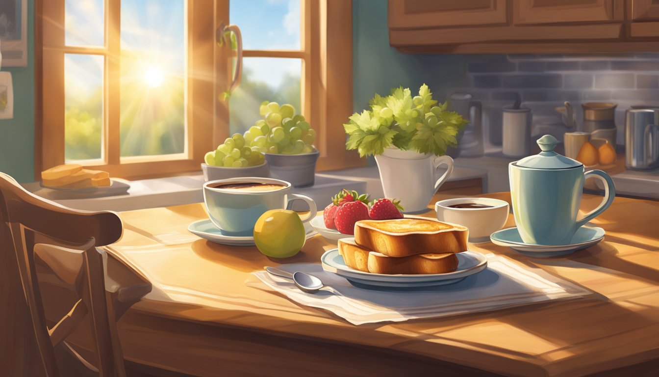 A cozy kitchen table set with a French toast casserole, fresh fruit, and a steaming cup of coffee. Sunlight streams through the window, creating a warm and inviting atmosphere