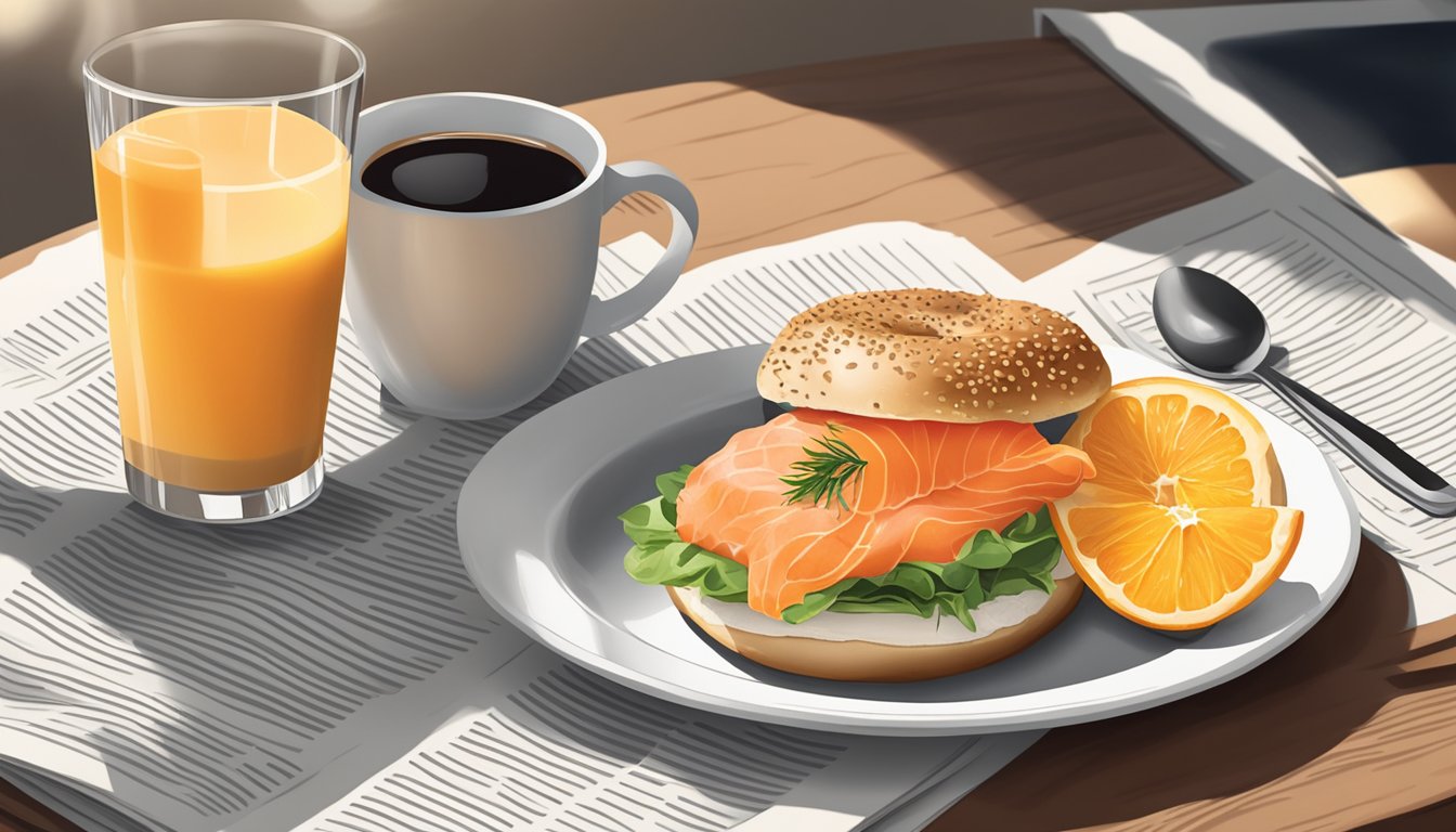 A sunny Sunday morning with a plate of smoked salmon bagel surrounded by coffee, orange juice, and a newspaper