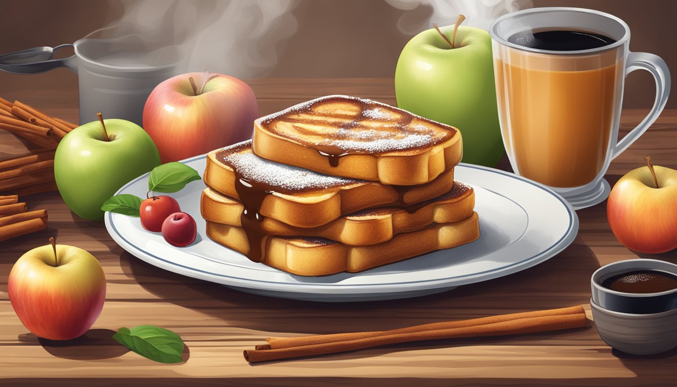 A stack of apple cinnamon french toast on a rustic wooden table, surrounded by fresh fruit and a steaming cup of coffee