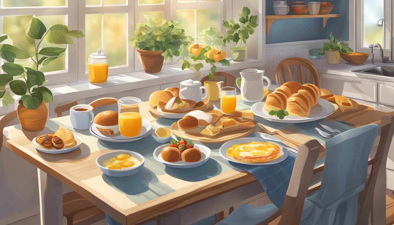 A cozy kitchen with a sunlit breakfast table, featuring a spread of delicious and comforting breakfast dishes, surrounded by a relaxed and inviting atmosphere