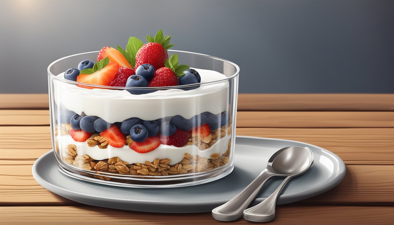 A glass parfait dish filled with layers of granola, yogurt, and fresh fruit, placed on a rustic wooden table