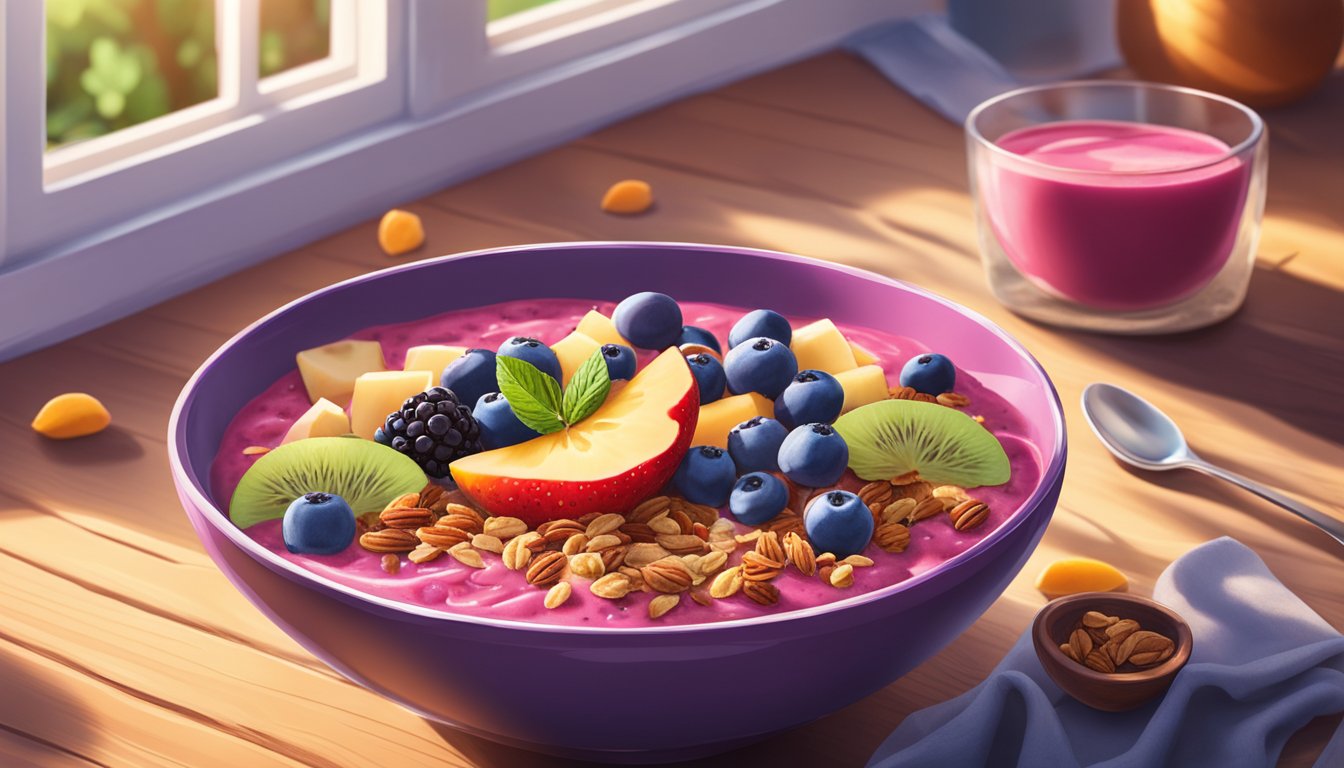 A vibrant berry smoothie bowl surrounded by fresh fruit and granola on a rustic wooden table. Sunlight streams in through a nearby window, casting a warm glow on the scene