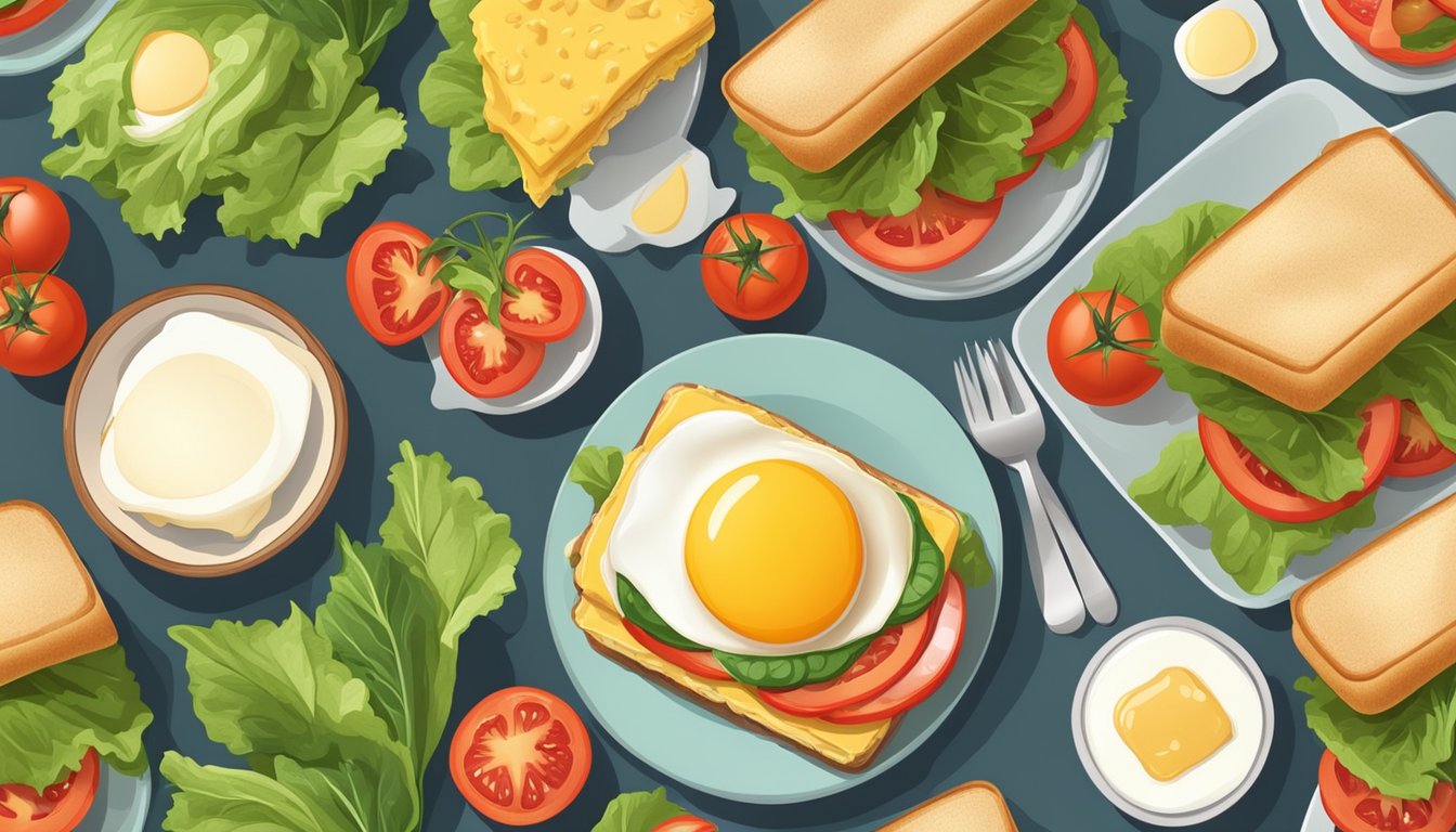 A breakfast sandwich with egg and cheese on a plate, surrounded by fresh ingredients like tomatoes and lettuce