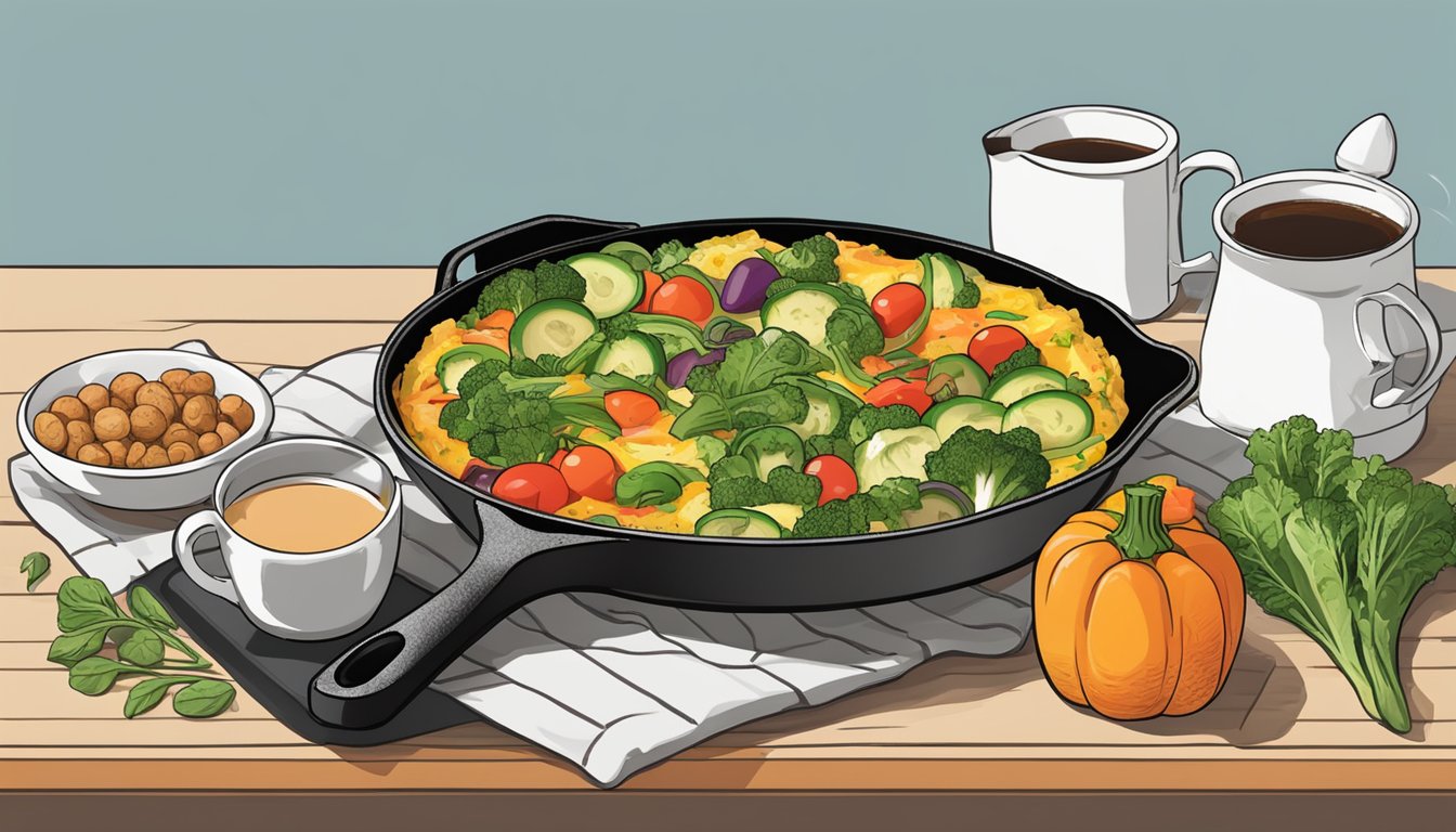 A colorful array of fresh vegetables arranged around a sizzling frittata in a cast iron skillet, with a steaming cup of coffee on the side