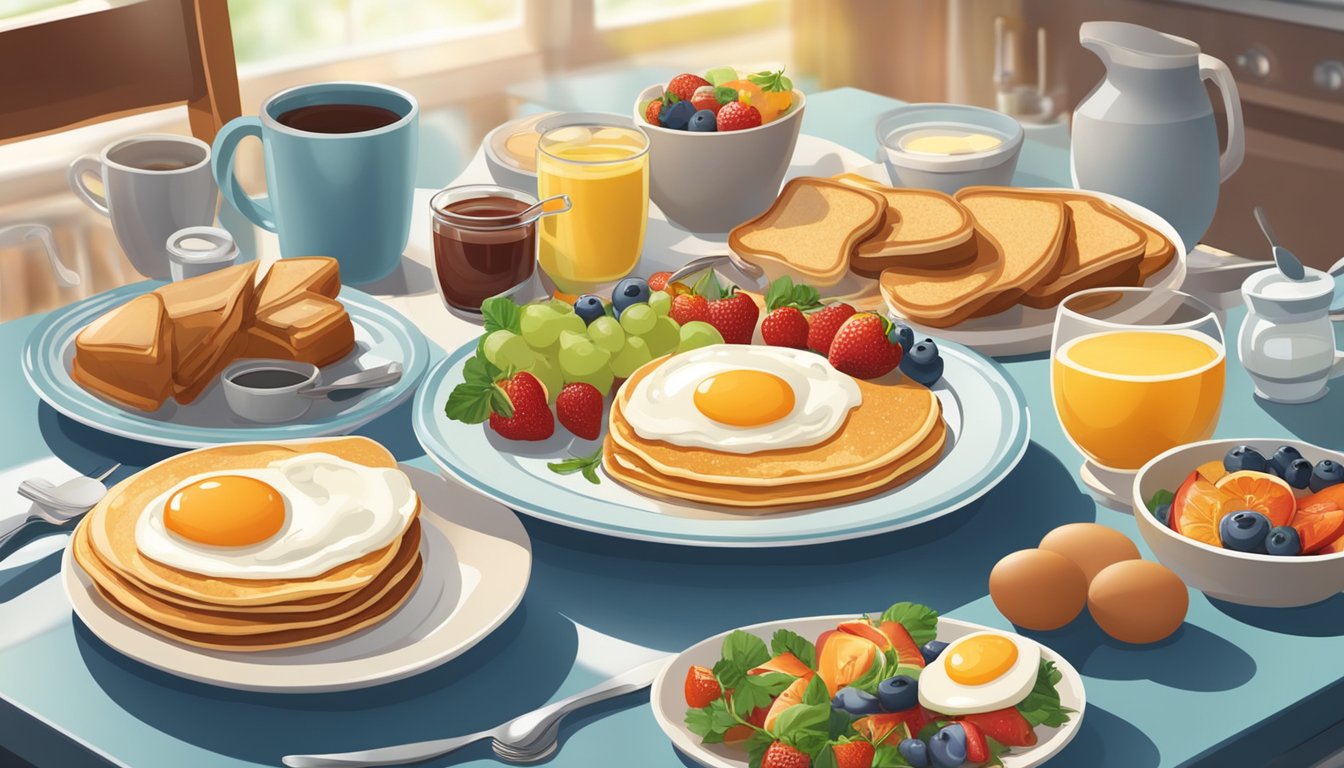 A table set with a variety of hearty breakfast dishes, such as pancakes, eggs, fruit, and toast, surrounded by a bustling kitchen on a sunny weekend morning