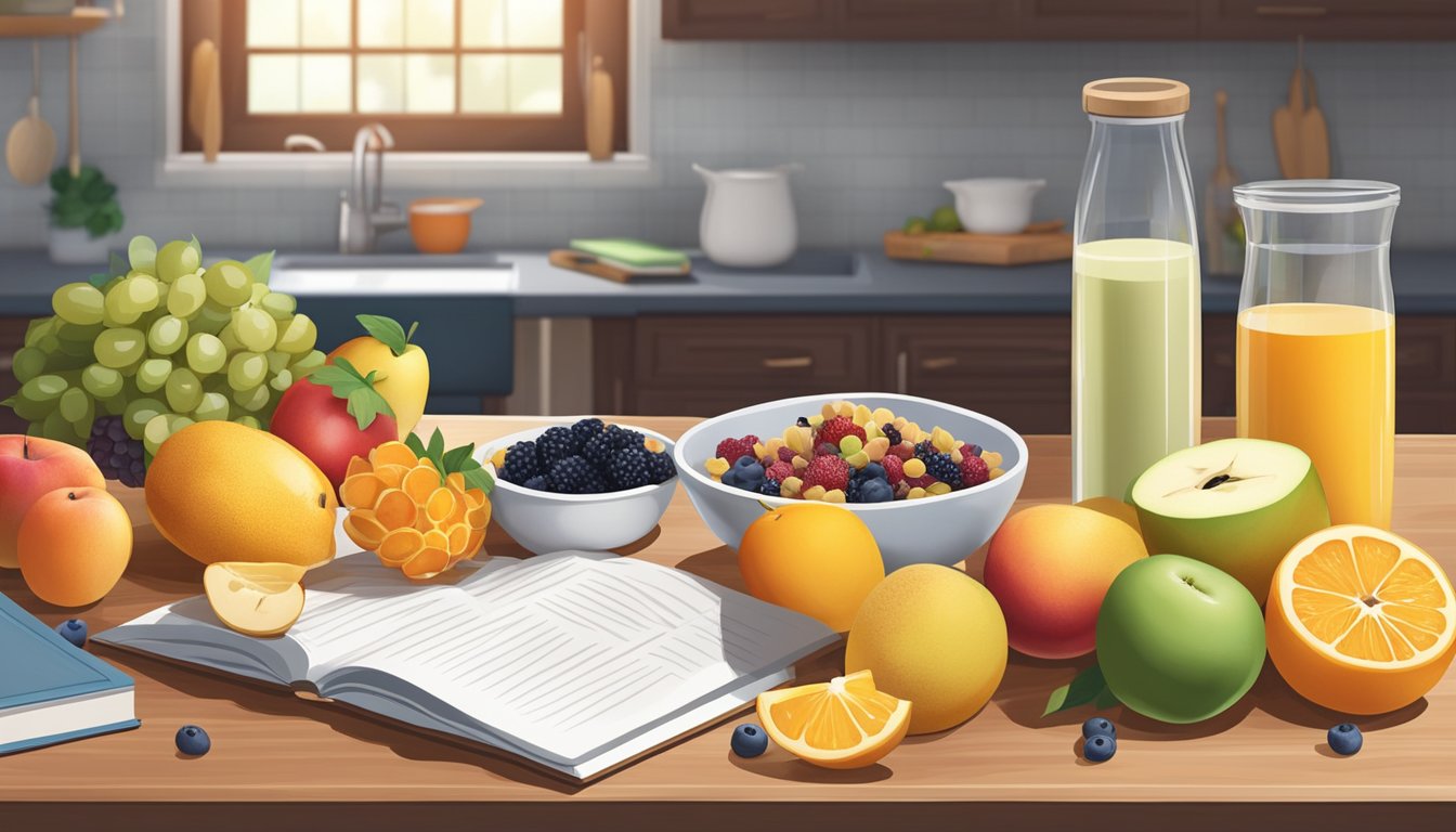 A kitchen countertop with a variety of colorful fruits, whole grains, and dairy products arranged neatly next to a cookbook open to a page with breakfast recipes