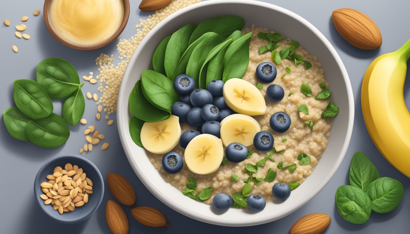 A bowl of quinoa and spinach porridge surrounded by various low FODMAP ingredients like bananas, blueberries, and almonds