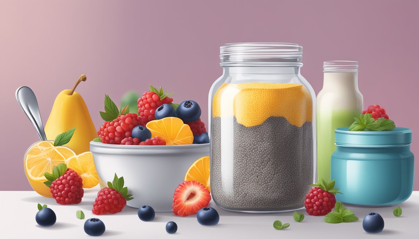 A glass jar filled with chia seed pudding topped with fresh berries, surrounded by a collection of colorful breakfast ingredients