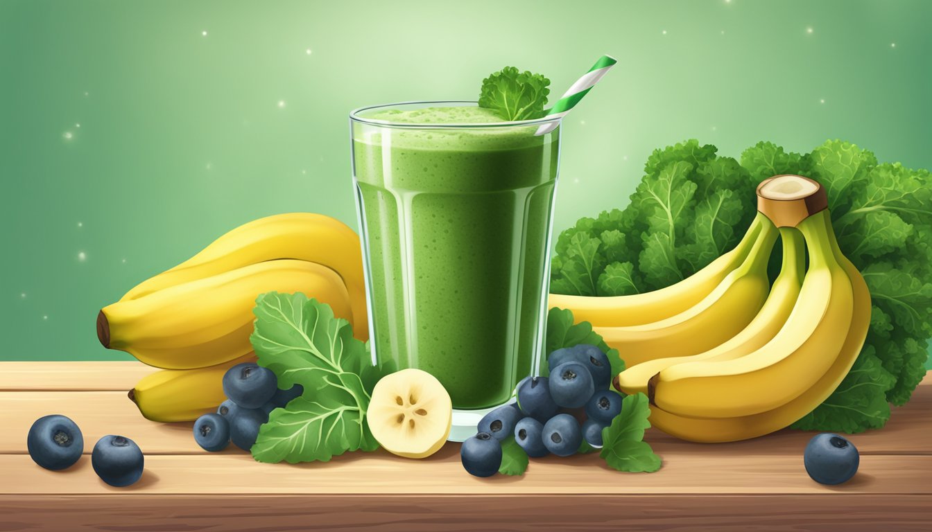 A glass filled with a vibrant green kale and banana smoothie surrounded by fresh fruit and ingredients on a wooden table