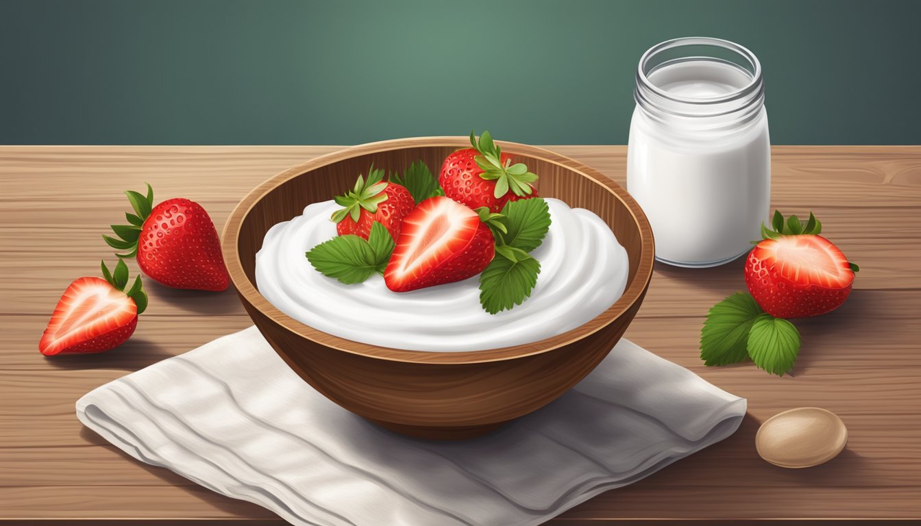 A bowl of coconut yogurt topped with fresh strawberries on a wooden table