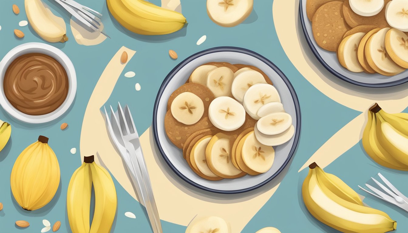 A plate with rice cakes topped with almond butter and banana slices